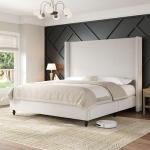 AMERLIFE King Size Bed Frame with 65" Tall Headboard, Upholstered Corduroy Bed Frame with Wingback, Platform Bed with Solid Wood Gourd Legs, Solid Slats, No Box Spring Needed, White