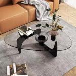 Black Modern Glass Coffee Table, Unique Triangle Coffee Table for Living Room, Tempered Glass Top + Wooden Base, Abstract Contemporary Center Tables for Home Office Bedroom