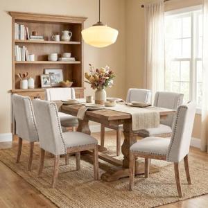 MALOL Dining Chair Set of 6, Fabric Upholstered Kitchen Side Chairs with Wooden Legs for Kitchen & Restaurant Use, Beige