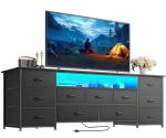 Huuger Large TV Stand for 65, 70 Inch TV, 11 Drawer Long Dresser with Power Outlets and LED Lights, Entertainment Center with Storage, Black Dresser with PU Leather Surface, 13" D x 63" W x 26.8" H