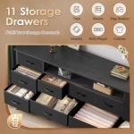 Huuger Large TV Stand for 65, 70 Inch TV, 11 Drawer Long Dresser with Power Outlets and LED Lights, Entertainment Center with Storage, Black Dresser with PU Leather Surface, 13" D x 63" W x 26.8" H