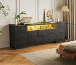 Huuger Large TV Stand for 65, 70 Inch TV, 11 Drawer Long Dresser with Power Outlets and LED Lights, Entertainment Center with Storage, Black Dresser with PU Leather Surface, 13" D x 63" W x 26.8" H