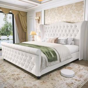 koorlian King Size Bed Frame,Chenille Upholstered Bed Frame, Sleigh Platform Bed with 51" Tall Wingback Headboard 27" Scroll Footboard,Luxury Deep Curved Tufted,No Box Spring Required,Cream