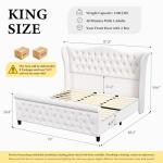 koorlian King Size Bed Frame,Chenille Upholstered Bed Frame, Sleigh Platform Bed with 51" Tall Wingback Headboard 27" Scroll Footboard,Luxury Deep Curved Tufted,No Box Spring Required,Cream
