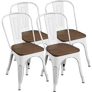 Yaheetech Metal Dining Chairs Set of 4, Industrial Stackable Kitchen Chairs with Wood Top Seat for Dining Room/Restaurant/Bistro/Patio, Indoor & Outdoor Use, White