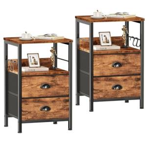 Furologee Night Stand Set of 2, Nightstand with 2 Fabric Drawers, Bed Side Table with Open Shelf, Wooden Top, Hooks, Backboard Design, End Table for Bedroom, Study, Hallway, Brown