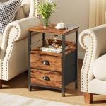 Furologee Night Stand Set of 2, Nightstand with 2 Fabric Drawers, Bed Side Table with Open Shelf, Wooden Top, Hooks, Backboard Design, End Table for Bedroom, Study, Hallway, Brown