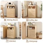 SMORBOSS Coffee Bar Cabinet with Storage, Fluted Buffet Sideboard Cabinet with 3 Drawers & Adjustable Shelf, Rounded Edge Modern Storage Cabinet for Dining Room, Kitchen, Living Room, Entryway, Oak