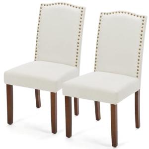 DUMOS Upholstered Dining Chairs Set of 2, Modern Fabric Dining Room Chair with Nailhead Trim and Wood Legs, Mid-Century Accent for Living Room, Kitchen, Beige
