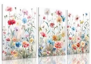 KISSFOX Framed Colorful Wildflower Canvas Wall Art Set Of 3 Flowers Pictures Prints Flowers Printing Floral Watercolors Flower wall Decor Living Room Girls Bedroom Bathroom