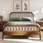DG Casa Wesley Solid Wood Queen Size Bed Frame - Mid Century Modern Style, Platform with Spindle Headboard and Footboard, No Box Spring Required, Walnut Finish