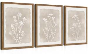 Framed Boho Botanical Flower Wall Art Set of 3, Vintage Minimalist Neutral Floral Wall Decor Paintings, Rustic Farmhouse Wildflower Artwork Prints Picture for Living Room Bedroom Bathroom 12x16 Inch