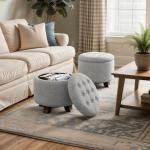 Magshion Round Ottoman, Ottoman with Storage, 20 Dia. x 17 H Inches Foot Rest Stool with Legs for Bedroom, Living Room, Decorative Home Furniture, Light Gray