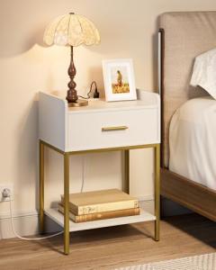 Apetaccat Nightstand with Charging Station,3-Tier Bedside Table for Small Space,Modern Night Stand with Storage Drawer and Shelf,Small Side Table for Bedroom,Living Room,White