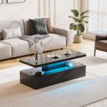 MXV Modern Coffee Table, 40 Inches Coffee Tables with 16 Colors LED Lights, 2 Tier Rectangular Center Table, Large Storage Space, High Glossy Wooden Tea Table for Living Room, Bedroom, Office, Black