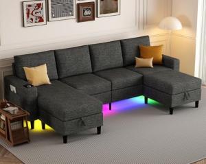 HYZQ Sectional Couches for Living Room, 4 Seat Sectional Sofa with Smart Module-Wireless Charging/USB/Type-C/RGB Light, U Shaped Couch with Reversible Chaise Lounge/Storage Ottoman (Dark Grey)