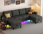 HYZQ Sectional Couches for Living Room, 4 Seat Sectional Sofa with Smart Module-Wireless Charging/USB/Type-C/RGB Light, U Shaped Couch with Reversible Chaise Lounge/Storage Ottoman (Dark Grey)