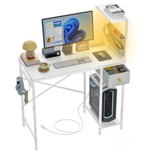 Jakyitvi 33.7" Computer Desk with Power Outlets, LED Lights & Drawer, Small Office Desk with Storage Bag & Hooks, Gaming Desk for Bedrooms or Home Office, Compact Study Desk for Small Spaces，White
