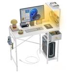 Jakyitvi 33.7" Computer Desk with Power Outlets, LED Lights & Drawer, Small Office Desk with Storage Bag & Hooks, Gaming Desk for Bedrooms or Home Office, Compact Study Desk for Small Spaces，White