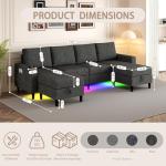 HYZQ Sectional Couches for Living Room, 4 Seat Sectional Sofa with Smart Module-Wireless Charging/USB/Type-C/RGB Light, U Shaped Couch with Reversible Chaise Lounge/Storage Ottoman (Dark Grey)