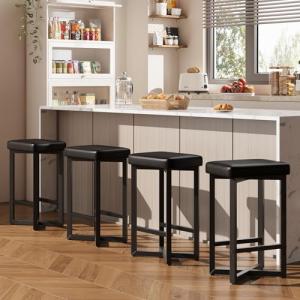 IDEALHOUSE Bar Stools Set of 4, 24.6" Counter Height Backless Barstools, Upholstered PU Leather Seats with Metal X-Frame & Footrest, Modern Kitchen Stools for Home Bar, Dining Room, Black