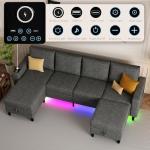 HYZQ Sectional Couches for Living Room, 4 Seat Sectional Sofa with Smart Module-Wireless Charging/USB/Type-C/RGB Light, U Shaped Couch with Reversible Chaise Lounge/Storage Ottoman (Dark Grey)