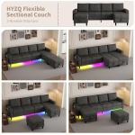 HYZQ Sectional Couches for Living Room, 4 Seat Sectional Sofa with Smart Module-Wireless Charging/USB/Type-C/RGB Light, U Shaped Couch with Reversible Chaise Lounge/Storage Ottoman (Dark Grey)
