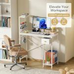 Jakyitvi 33.7" Computer Desk with Power Outlets, LED Lights & Drawer, Small Office Desk with Storage Bag & Hooks, Gaming Desk for Bedrooms or Home Office, Compact Study Desk for Small Spaces，White