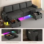 HYZQ Sectional Couches for Living Room, 4 Seat Sectional Sofa with Smart Module-Wireless Charging/USB/Type-C/RGB Light, U Shaped Couch with Reversible Chaise Lounge/Storage Ottoman (Dark Grey)