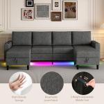 HYZQ Sectional Couches for Living Room, 4 Seat Sectional Sofa with Smart Module-Wireless Charging/USB/Type-C/RGB Light, U Shaped Couch with Reversible Chaise Lounge/Storage Ottoman (Dark Grey)