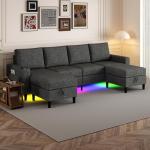 HYZQ Sectional Couches for Living Room, 4 Seat Sectional Sofa with Smart Module-Wireless Charging/USB/Type-C/RGB Light, U Shaped Couch with Reversible Chaise Lounge/Storage Ottoman (Dark Grey)