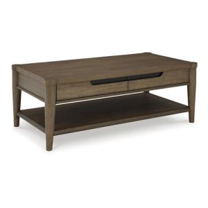 Signature Design by Ashley Roanhowe Contemporary 2-Drawer Coffee Table with Open Lower Shelf and Tapered Legs, Dark Brown