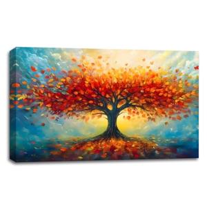 SIXWOOD Colorful Tree of Life Canvas Wall Art Painting, Modern Abstract Picture with Fall Leaves Sunset Glow, Inspirational Wall Decor for Living Room Bedroom, 24x16 in Framed Ready to Hang Art Print