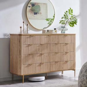 T4TREAM Fluted 9 Drawers Dresser, Modern Wooden Top Chest of Drawers with Curved Profile Design, Dresser TV Stand Drawer Organizers for Bedroom, Living Room, Hallway(Natural Oak)