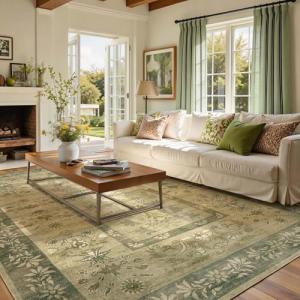 jinchan Area Rug 8x10 Washable Rug, Vintage Floral Living Room Mat Non Slip Home Decor Rugs, Low-Pile Carpet for Bathroom Entrance Bedroom Office Farmhouse and Dining Table (Brown Green)