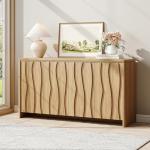 Vabches Fluted Buffet Cabinet with Storage, 3D Ripple Pattern Doors and Curved Edges, Modern Sideboard for Kitchen, Entryway, 4 Doors & Adjustable Shelf, Natural Wood, 57.9" W