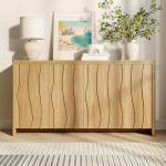 Vabches Fluted Buffet Cabinet with Storage, 3D Ripple Pattern Doors and Curved Edges, Modern Sideboard for Kitchen, Entryway, 4 Doors & Adjustable Shelf, Natural Wood, 57.9" W