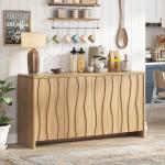 Vabches Fluted Buffet Cabinet with Storage, 3D Ripple Pattern Doors and Curved Edges, Modern Sideboard for Kitchen, Entryway, 4 Doors & Adjustable Shelf, Natural Wood, 57.9" W