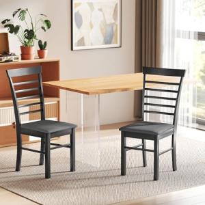 HOMCOM Wooden Dining Chairs Set of 2, Farmhouse Upholstered Kitchen Chairs with Rubber Wood Frame for Living Room, Dining Room, Black and Gray