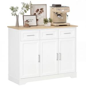 HOMCOM Sideboard Buffet Cabinet with 3 Storage Drawers, Kitchen Cabinet, Coffee Bar, with Adjustable Shelf for Living Room, White