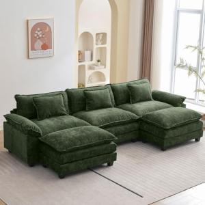 Oprisen 120" Modular Sectional Sofa, Comfy Cloud Couch Sectional Sofa with Ottoman, Chenille Sofa Sleeper Deep Seat Sofa with Throw Pillows for Living Room (Green, 120"- U Shape)