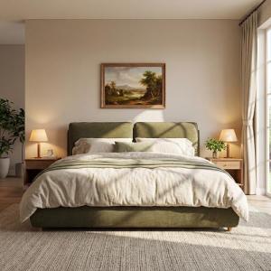 Merax California King Size Boucle Fabric Upholstered Platform Bed with Two Removable Pillow Headboard, Wood Bed Frame with Solid Round Legs for Kids Teens Adults, Olive Green