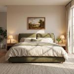 Merax California King Size Boucle Fabric Upholstered Platform Bed with Two Removable Pillow Headboard, Wood Bed Frame with Solid Round Legs for Kids Teens Adults, Olive Green