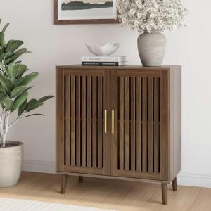 Smart FENDEE Sideboard Cabinet, 31.5" W Farmhouse Buffet Cabinet with Slatted Doors & Adjustable Shelf, Wood Coffee Bar Storage Station for Kitchen, Dining Room, Living Room, Entryway, Walnut Color