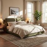 Merax California King Size Boucle Fabric Upholstered Platform Bed with Two Removable Pillow Headboard, Wood Bed Frame with Solid Round Legs for Kids Teens Adults, Olive Green