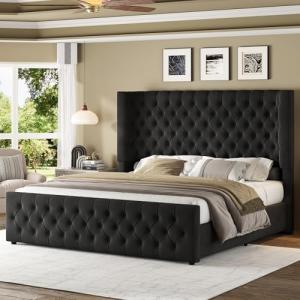 Jocisland Queen Size Platform Bed Frame, 6.3" Thick Upholstered Curved Wingback Headboard and Footboard with Deep Button Tufted, Easy Assembly, No Box Spring Needed, Black Velvet