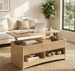 Marsail Lift Top Coffee Table with Open & Hidden Storage, Modern Fluted Coffee Table with Smooth Lift Mechanism, Sturdy Space-Saving Center Table for Home Living Room, Office, Natural Oak