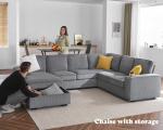AMERLIFE 112 Inch U Shaped Couch, Oversized Couch with Storage Chaise & Cup Holders, Sectional Sofa with USB & Type-C Charging Ports, Corduroy Grey