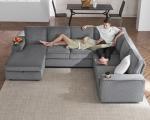 AMERLIFE 112 Inch U Shaped Couch, Oversized Couch with Storage Chaise & Cup Holders, Sectional Sofa with USB & Type-C Charging Ports, Corduroy Grey