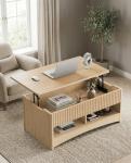Marsail Lift Top Coffee Table with Open & Hidden Storage, Modern Fluted Coffee Table with Smooth Lift Mechanism, Sturdy Space-Saving Center Table for Home Living Room, Office, Natural Oak